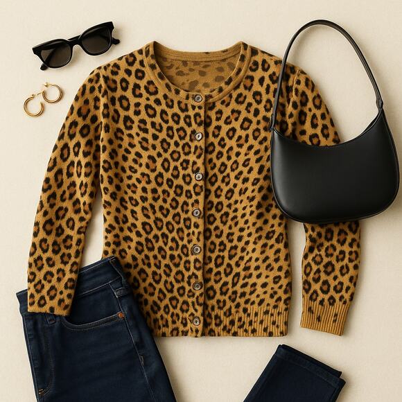 J.Crew Factory Wool Leopard Print Crop Cardigan Button Front Small 3/4 Sleeve - Picture 2 of 10